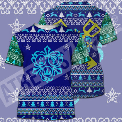  Kingdom Hearts T-shirt Christmas Pattern Keyblade Cross Blue Green T-shirt Hoodie Adult Full Print