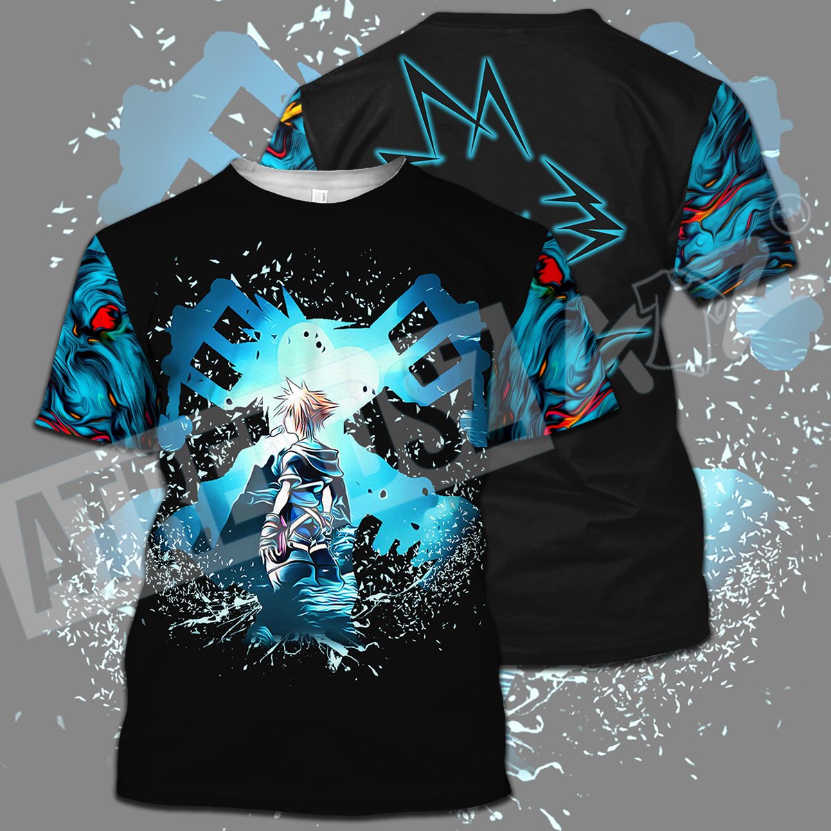  Kingdom Hearts T-shirt Sora Keyblade Sword Watercolor Blue Black T-shirt Hoodie Adult Full Print