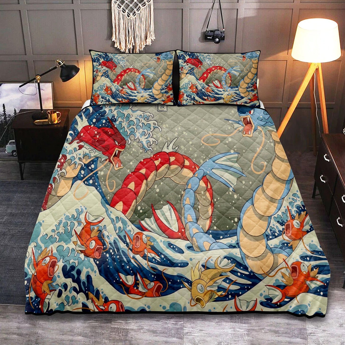 PKM Bedding Set The Great Wave Gyarados Duvet Covers Blue Unique Gift