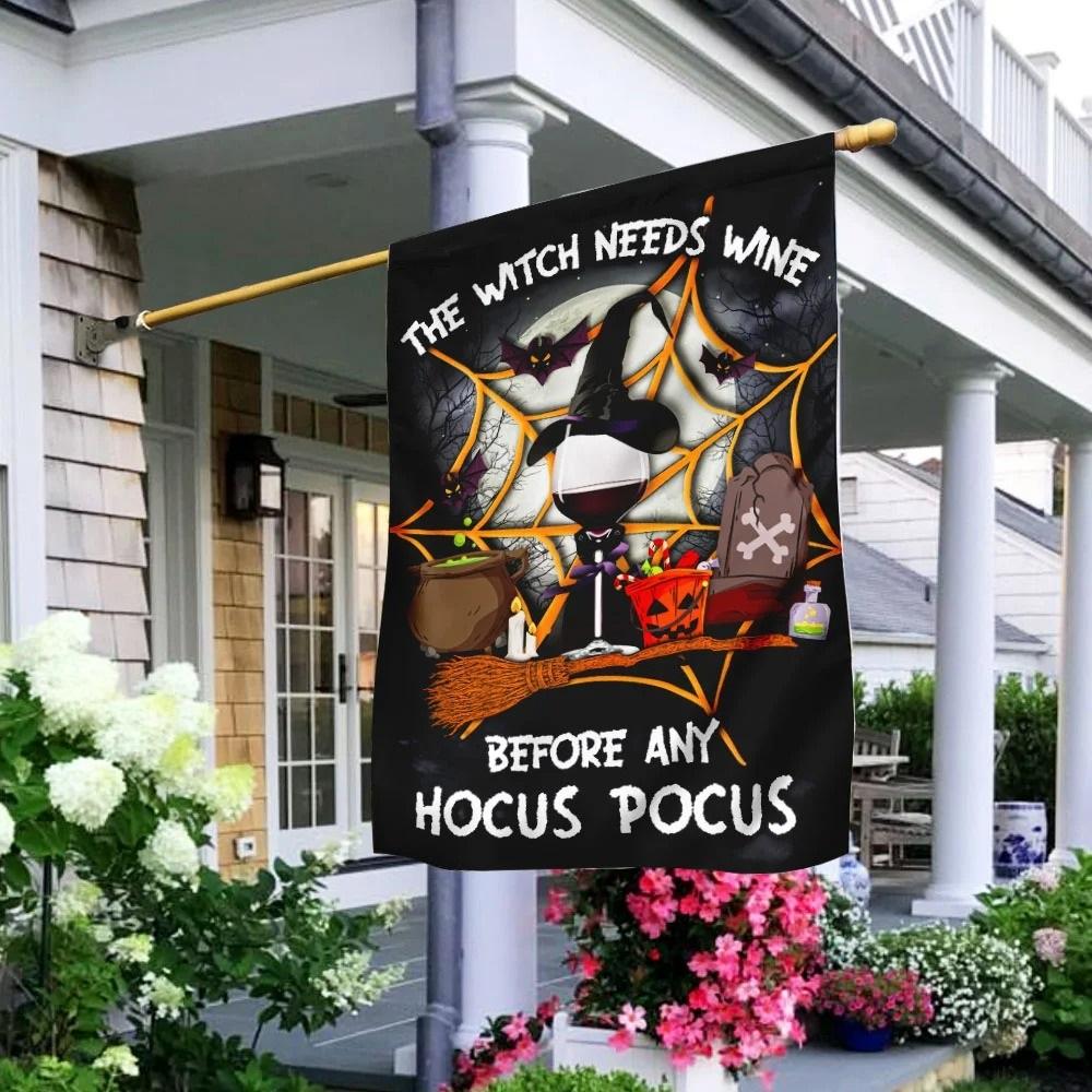 Halloween House Flag Hocus Pocus Flag The Witch Needs Wine Before Any Hocus Pocus Garden Flag