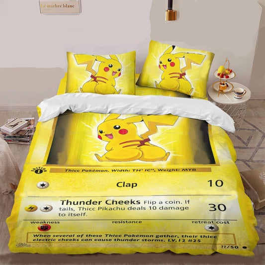 PKM Bedding Set Thicc Pikachu Card Duvet Covers Yellow Unique Gift