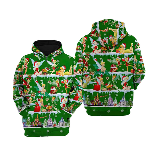 Tinker Bell Zip Hoodie Tinker Bell Pattern Christmas Season Zip Hoodie Green Unisex