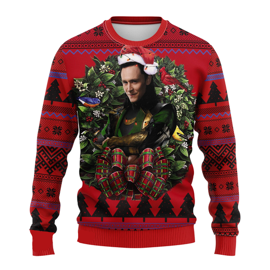 Loki Sweatshirt Loki Villain Christmas Wreath Sweatshirt Red Unisex