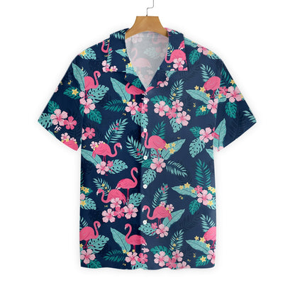 Unifinz Flamingo Hawaii Shirt Dark Blue Tropical Hibiscus Hawaiian Shirt Flamingo Aloha Shirt 2022