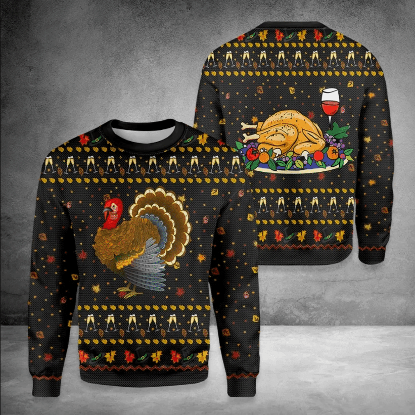 Thanksgiving Sweatshirt Turkey Dinner Glasses Pattern Sweatshirt Black Unisex