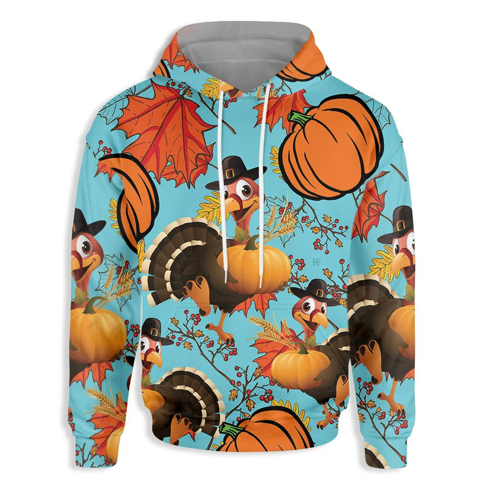 Thanksgiving Hoodie Turkey With Hat Pumpkin Pattern Hoodie Blue Unisex