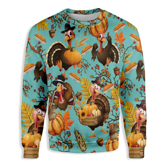 Thanksgiving Sweatshirt Turkey Corn Maple Pumpkin Pattern Sweatshirt Blue Unisex