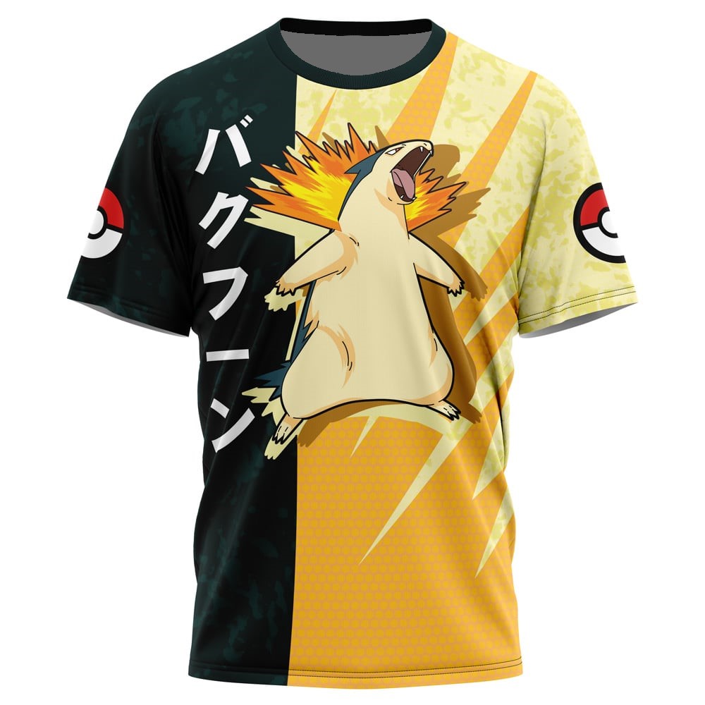 PKM T-shirt PKM Typhlosion Attack Pose T-shirt Black Yellow Unisex