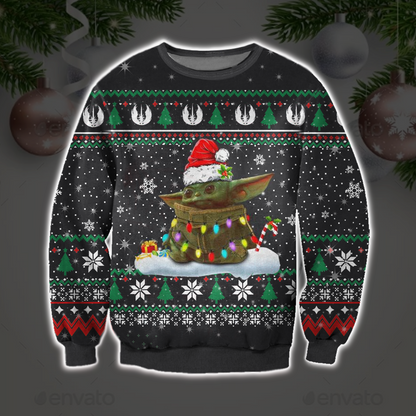 SW Christmas Ugly Sweater Grogu Jedi Order Symbol Pattern Christmas Pattern Black Sweater