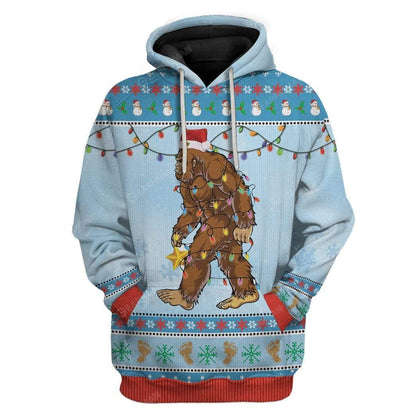 Bigfoot Hoodie Bigfoot Wearing Christmas Hat T-shirt Blue Unisex