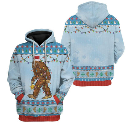 Bigfoot Hoodie Bigfoot Wearing Christmas Hat T-shirt Blue Unisex