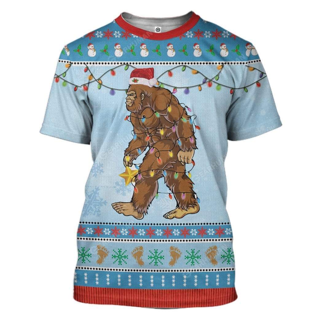 Bigfoot Hoodie Bigfoot Wearing Christmas Hat T-shirt Blue Unisex