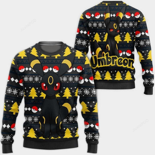 PKM Sweatshirt PKM Umbreon Christmas Pokeball Pattern Sweatshirt Black Yellow Unisex