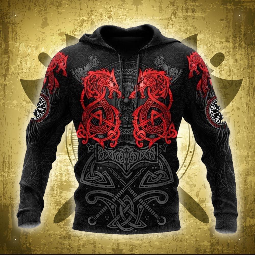  Viking T-shirt Viking Fenrir Symbol Axe Norse Art Symbol Of Protection Black Red Shirt Viking Hoodie Adult Full Print