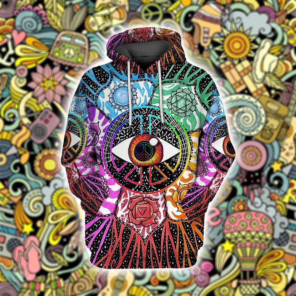  Hippie T-shirt The Eye Peace Sign Flowers Multicolor T-shirt Hoodie Adult Full Print Unisex