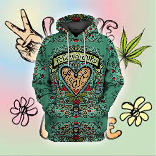  Hippie T-shirt Follow Your Heart Flowers Green T-shirt Hoodie Adult Unisex Full Print