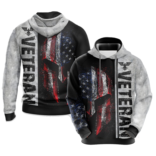 Veteran Hoodie American Flag Helmet Grunge Hoodie Gray Unisex