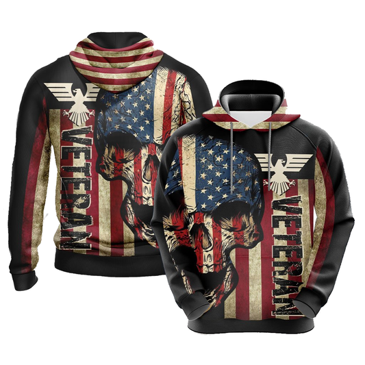 Veteran Hoodie Vintage American Flag Skull Hoodie Black Unisex