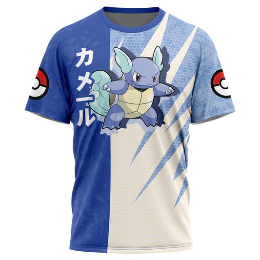 PKM T-shirt PKM Wartortle Attack Pose T-shirt Blue White Unisex