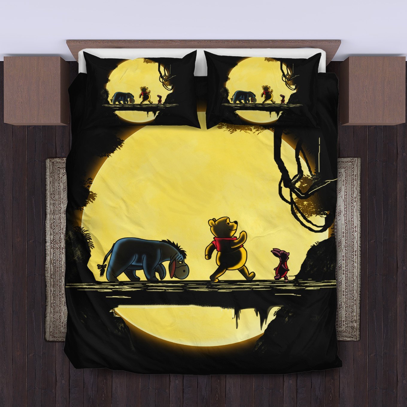 WTP Bedding Set DN Pooh And Friends Walking In The Moon Duvet Covers Black Yellow Unique Gift