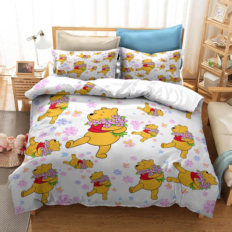 WTP Bedding Set DN Pooh Holding Flowers Pattern Duvet Covers White Unique Gift