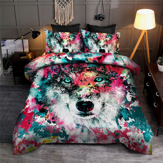 Wolf Bedding Set Wolf Art Painting Watercolor Duvet Covers Colorful Unique Gift