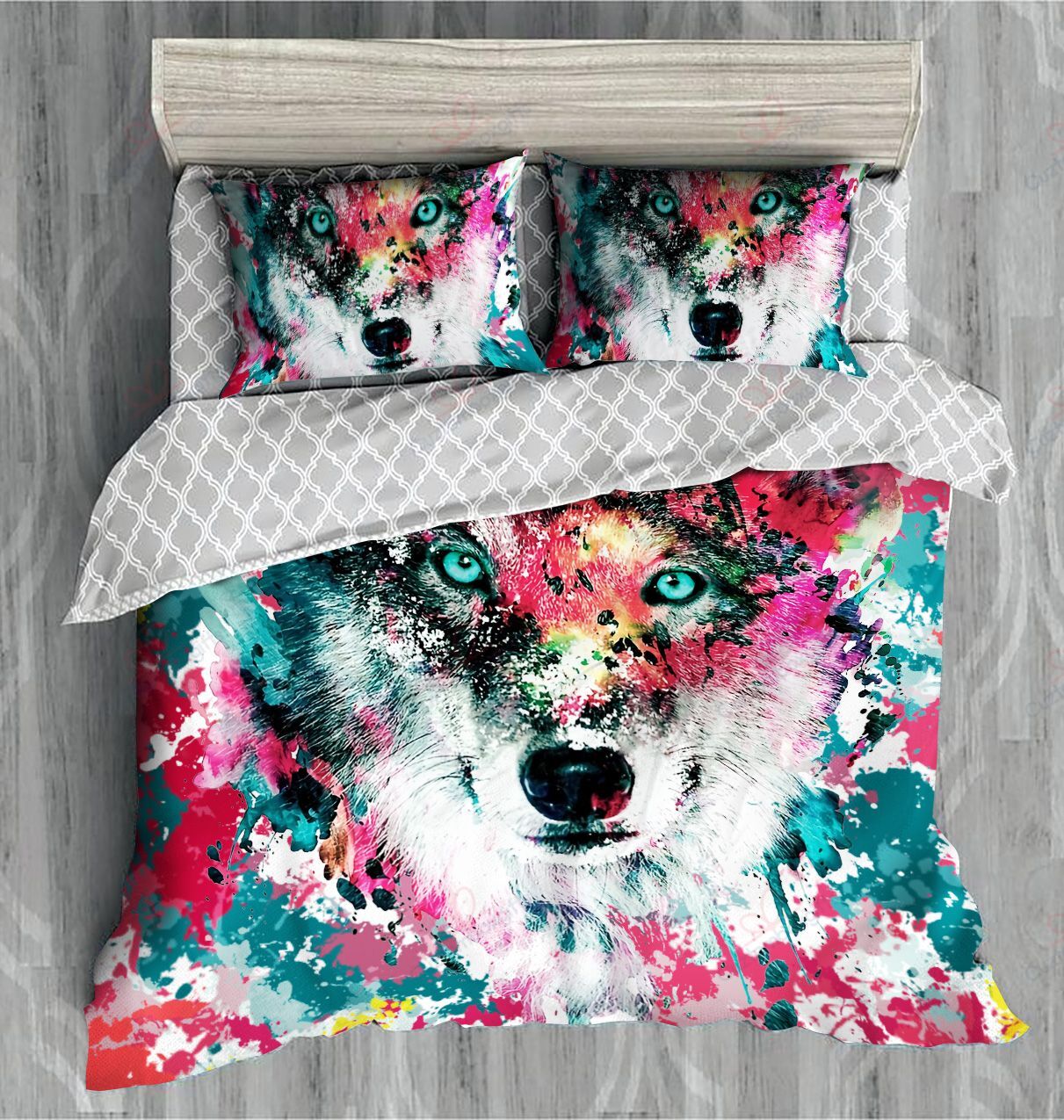 Wolf Bedding Set Wolf Art Painting Watercolor Duvet Covers Colorful Unique Gift