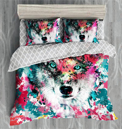 Wolf Bedding Set Wolf Art Painting Watercolor Duvet Covers Colorful Unique Gift