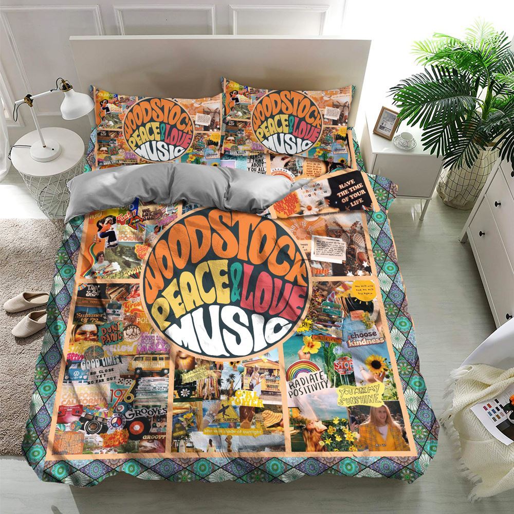 Hippie Bedding Set Woodstock Peace Love Music Duvet Covers Colorful Unique Gift