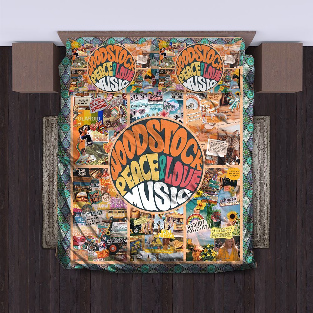 Hippie Bedding Set Woodstock Peace Love Music Duvet Covers Colorful Unique Gift