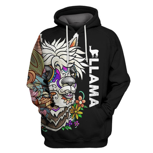 Llama Hoodie Painted Pattern Llama Flower Black Hoodie