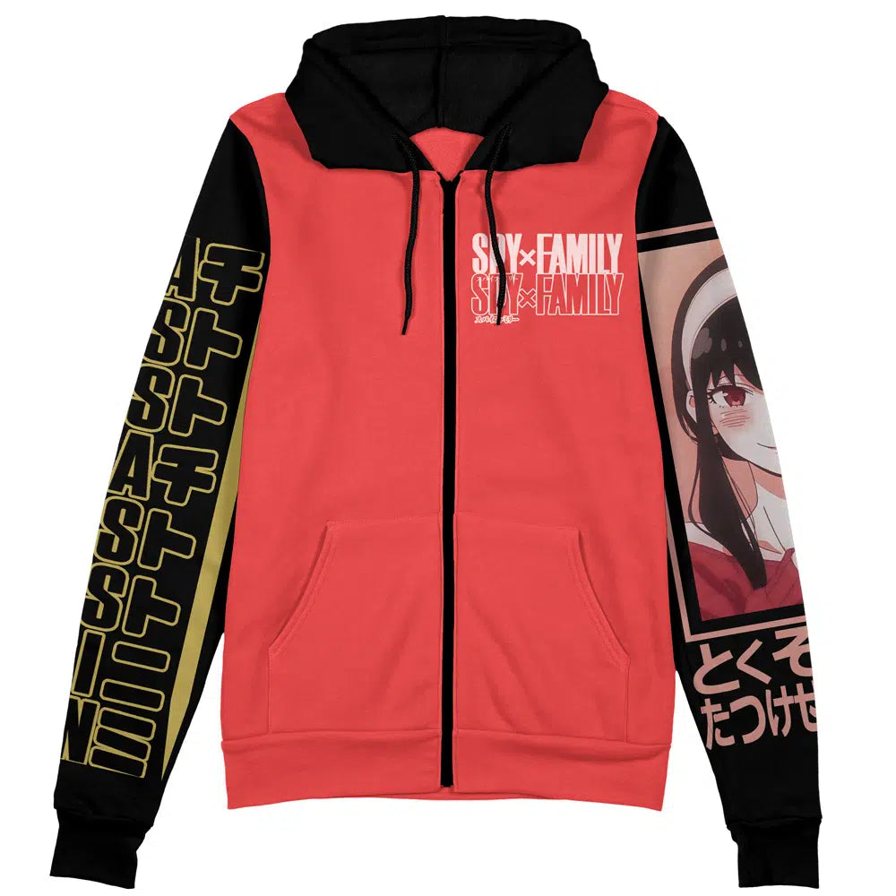 Spyxfamily Zip Hoodie Yor Forger Assassin Manga Style Zip Hoodie Black Red Unisex