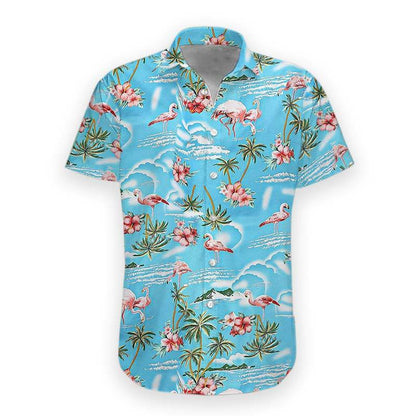 Unifinz Flamingo Aloha Shirt Blue Ocean Palm Tree Flamingo Hawaiian Shirt Flamingo Hawaii Shirt 2022