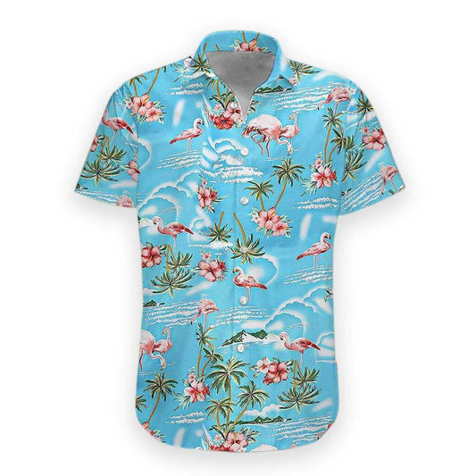 Unifinz Flamingo Aloha Shirt Blue Ocean Palm Tree Flamingo Hawaiian Shirt Flamingo Hawaii Shirt 2022