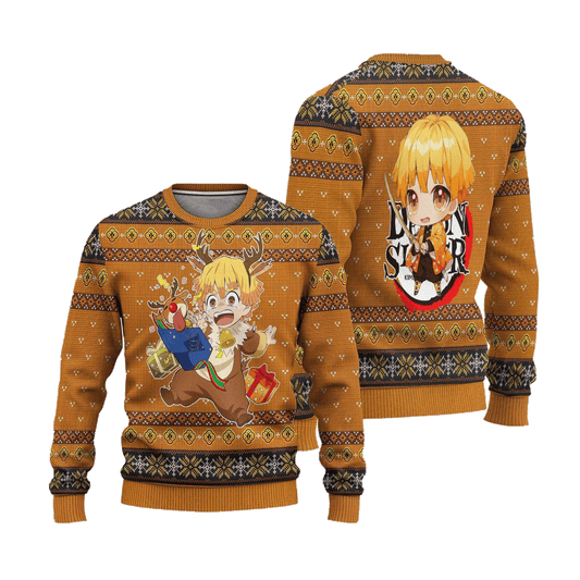 Demon Slayer Sweatshirt Cute Zenitsu In Reindeer Suit Sweatshirt Brown Unisex Adults New Release