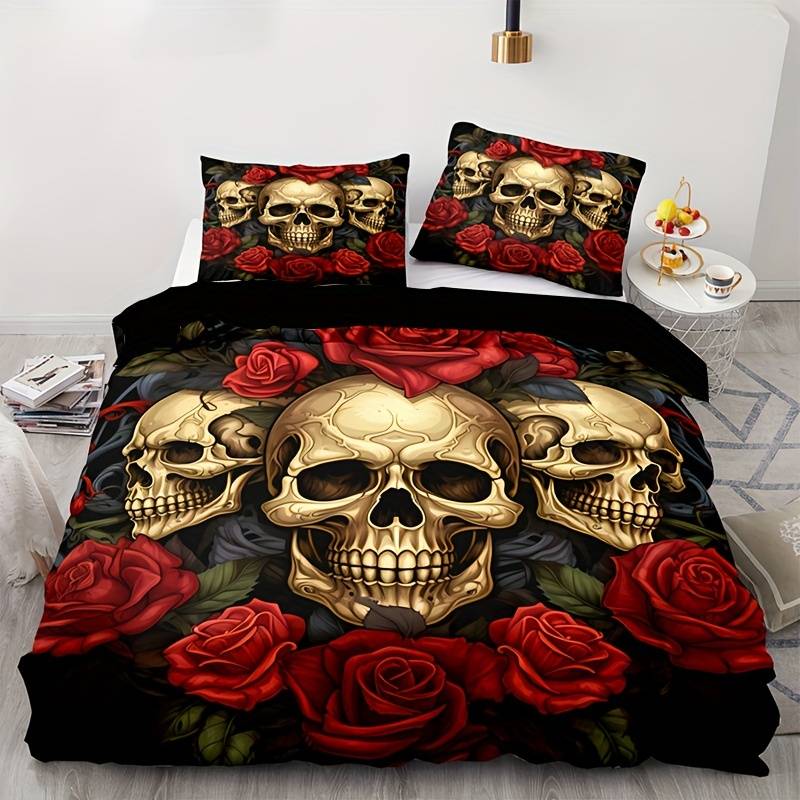 Skull Bedding Set Vintage Golden Skull Roses Graphic Duvet Covers Red Black Unique Gift