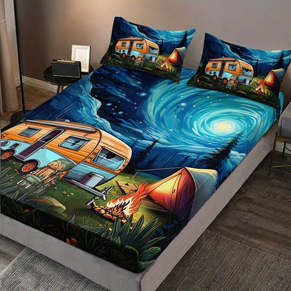 Camping Bedding Set RV Car Tent Camp Fire Graphic Duvet Covers Colorful Unique Gift