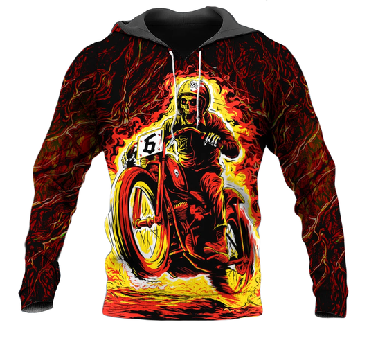 Motorcycle Hoodie Fire Motorcycle Skeleton Biker Hoodie Black Orange Unisex