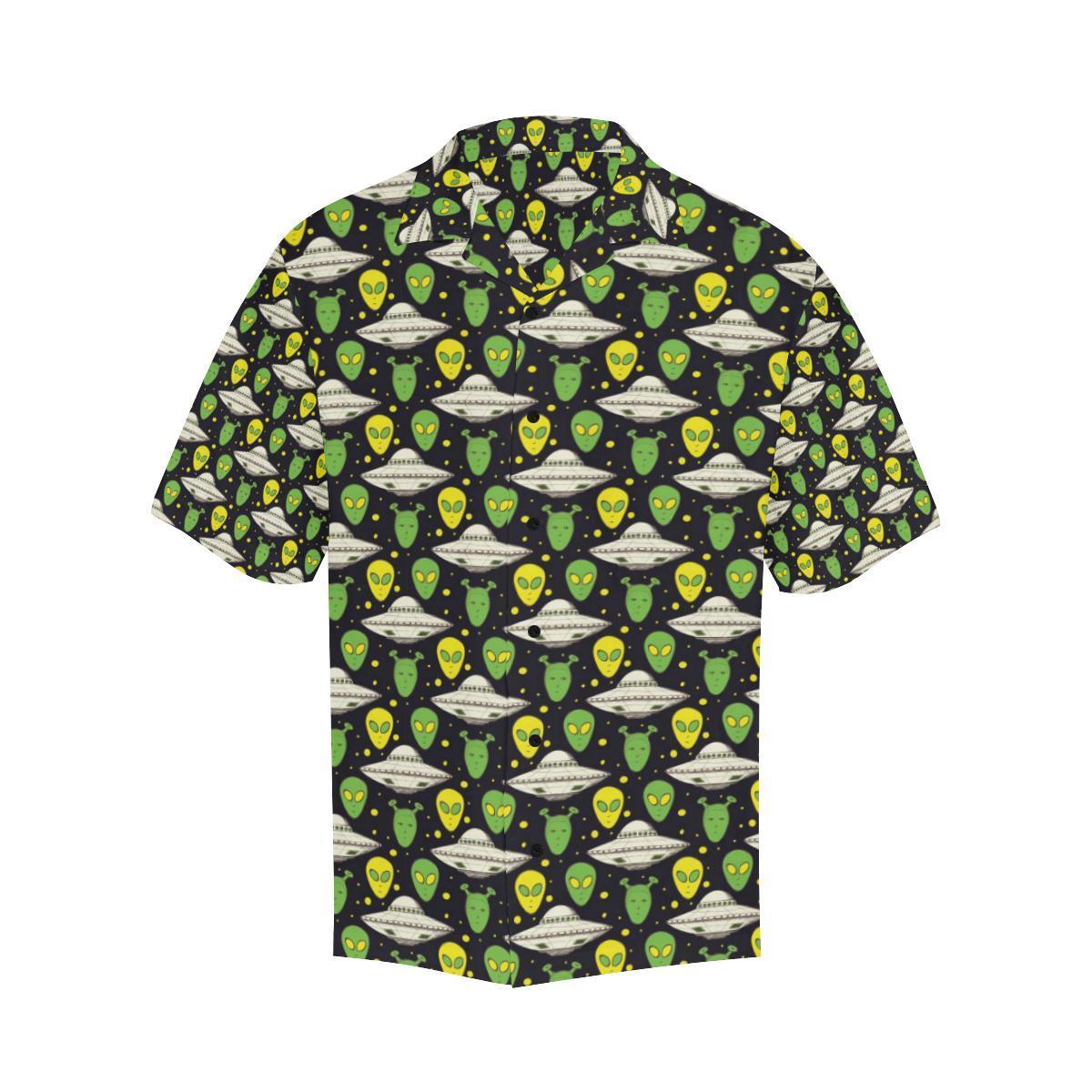 Unifinz UFO Hawaiian Shirt Green Yellow Aliens White UFO Pattern Hawaii Aloha Shirt 2022