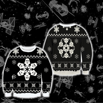 SW Sweater Christmas Snowflakes Sith Grogu Black White Ugly Sweater