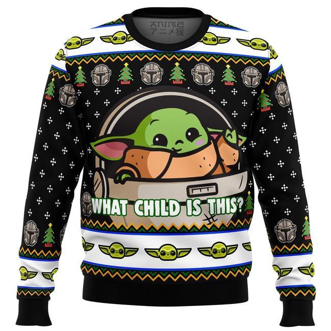 SW Christmas Sweater Grogu What Child Is This Green Black Ugly Sweater