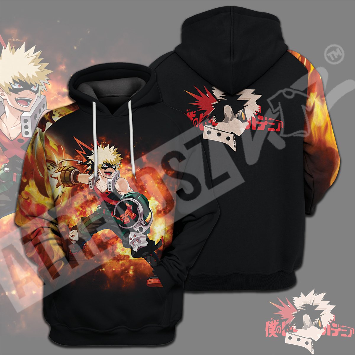  My Hero Academia T-shirt Bakugou Silhouette Fire My Hero Academia Logo Black T-shirt Hoodie Adult Full Print