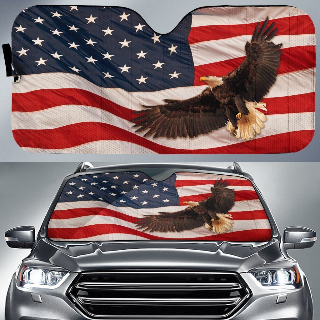  Veteran Car Sun Shade Bald Eagle American Flag Auto Sun Shade