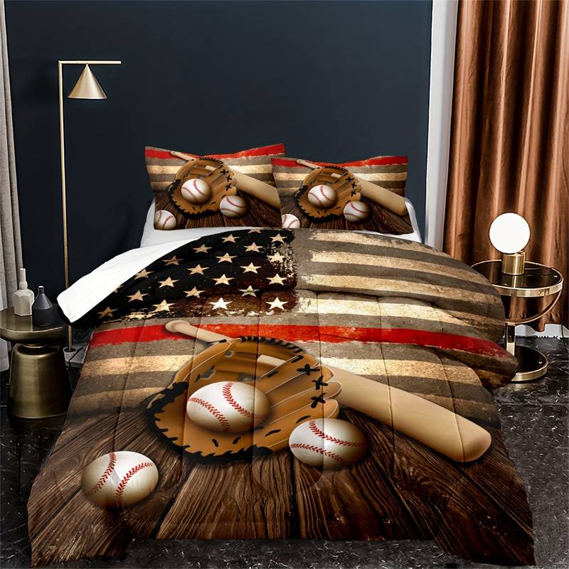 Baseball Bedding Set Retro American Flag Baseball And Bat Duvet Covers Brown Unique Gift