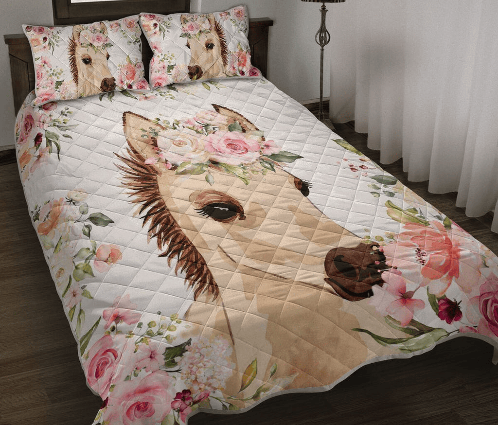 Horse Bedding Set Horse Baby Watercolor Flower Duvet Covers White Pink Unique Gift
