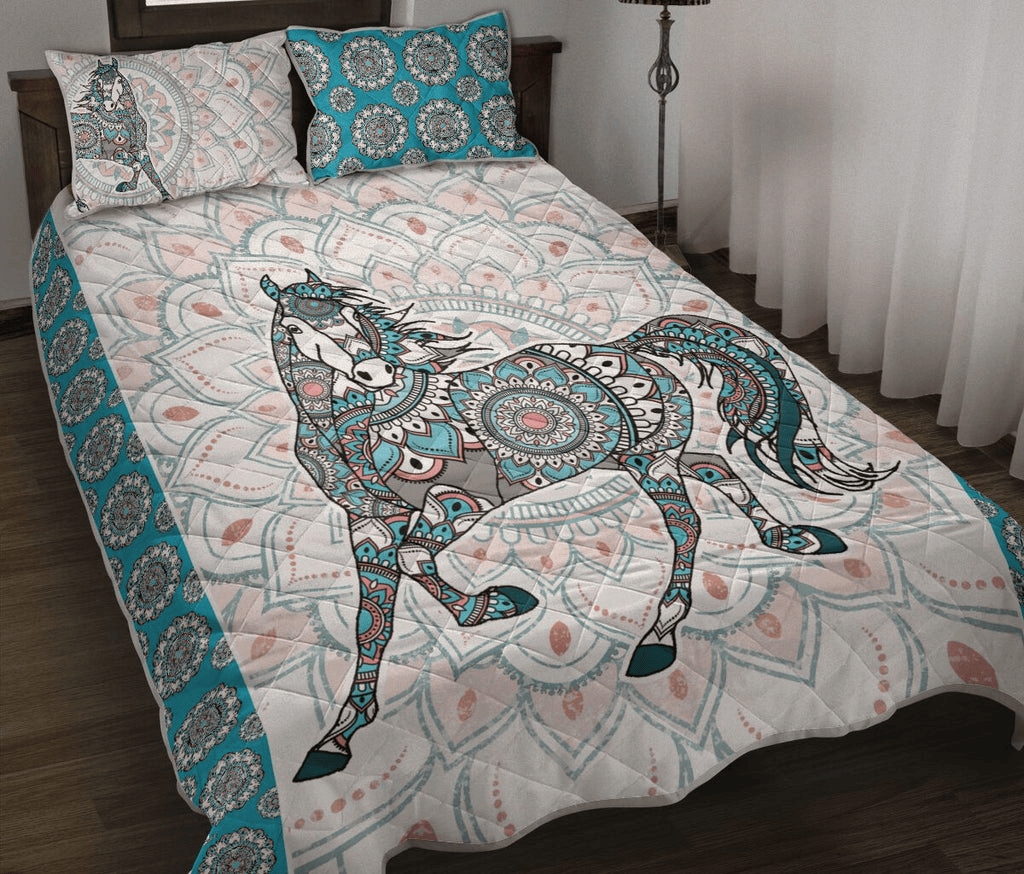 Horse Bedding Set Mandala Flower Pattern Horse Duvet Covers White Blue Unique Gift