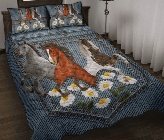 Horse Bedding Set Horse Jeans Pocket Daisy Embroidery Duvet Covers Blue Unique Gift