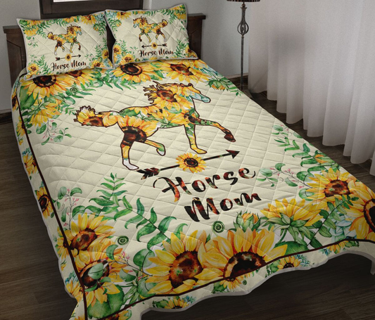 Horse Bedding Set Horse Mom Sunflowers Pattern Duvet Covers White Yellow Unique Gift