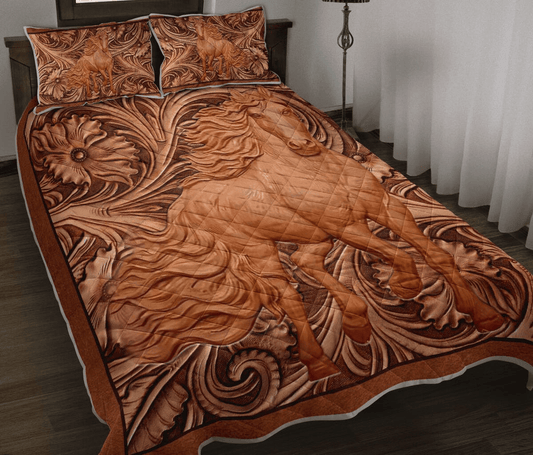 Horse Bedding Set Horse Leather Carving Wood Duvet Covers Brown Unique Gift