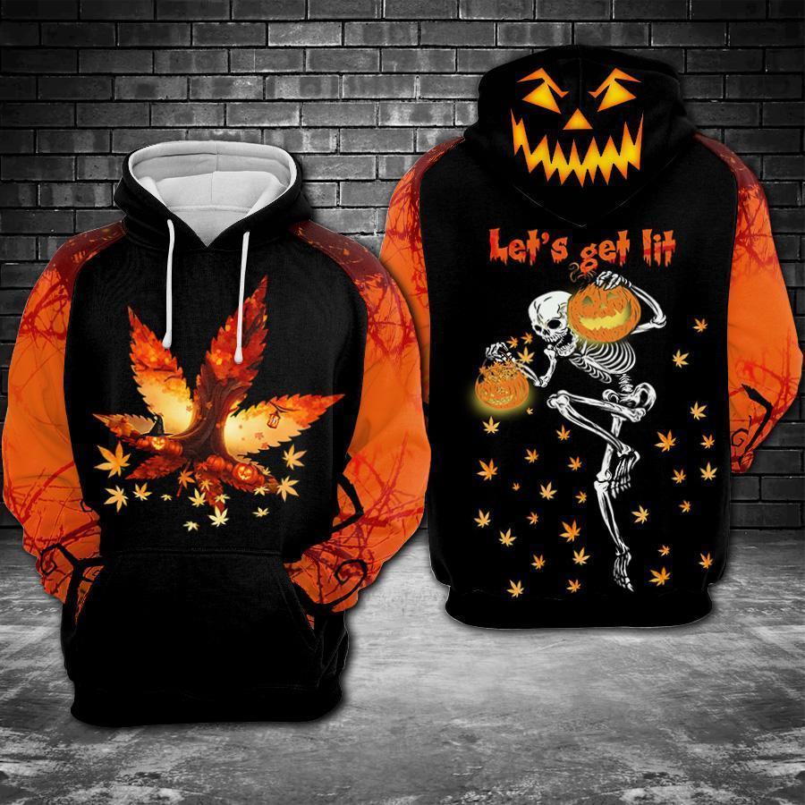  Halloween Hoodie Skull Skeleton Let Get Lit Pumpkin Black Orange Hoodie Apparel Adult Unisex Full Print